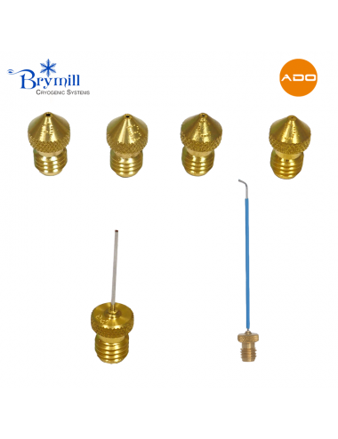 Set of 6 tips: 4 tips (A-D), 1 straight spray tip 1" x 20g, 1 curved spray tip 3" x 20g