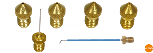 Juego de 6 puntas: 4 puntas (A-D), 1 punta de spray recta 1" x 20g, 1 punta de spray curva 3" x 20g