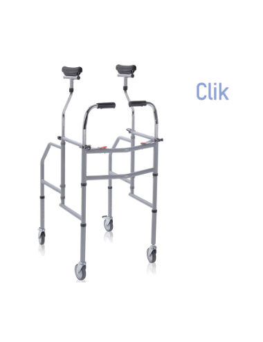 Adjustable axillary walker, with swivel wheels and brakes for greater stability and safety.