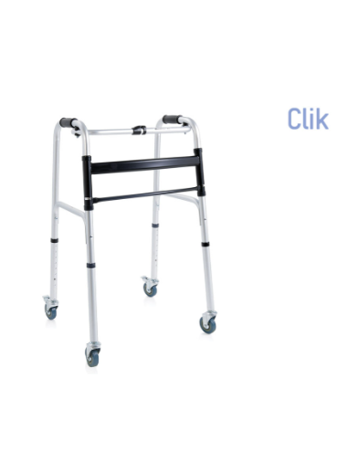 Foldable aluminum anodized walker – 4 swivel wheels, 2 with brake Ø 7.5 cm – Click