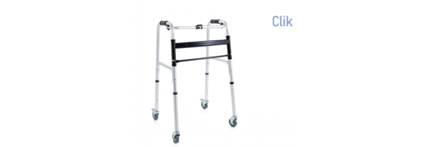 Foldable aluminum anodized walker – 4 swivel wheels, 2 with brake Ø 7.5 cm – Click